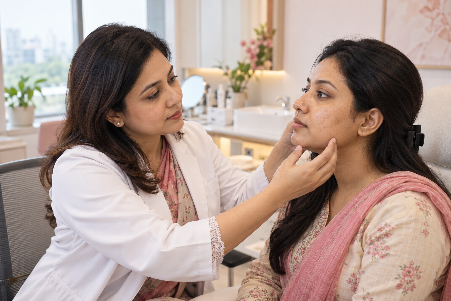 Bangladeshi dermatologist assessing a patient's acne in a Dhaka clinic