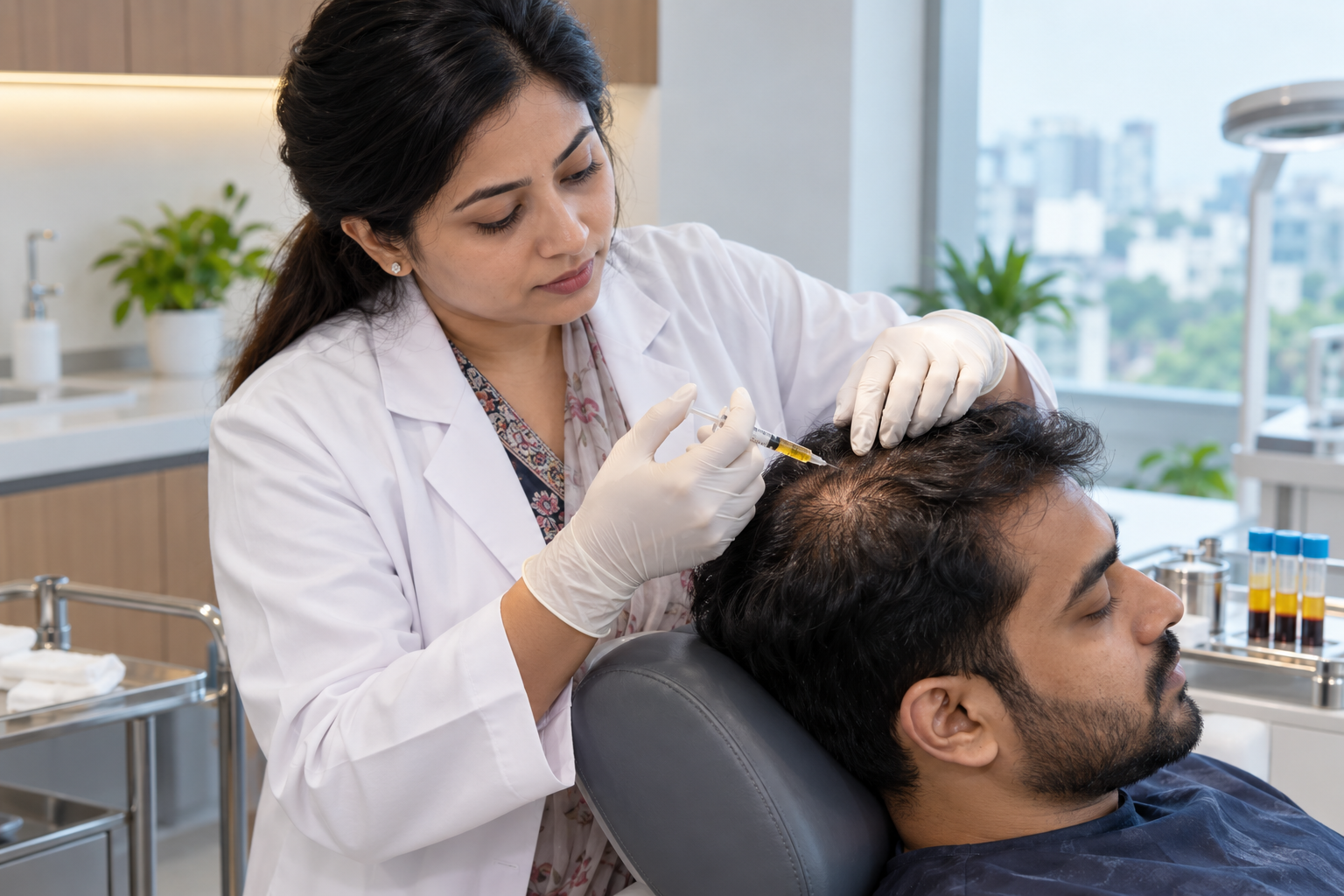 Bangladeshi clinician performing PRP hair therapy in a Dhaka clinic